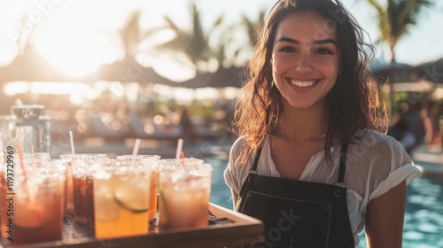 Poolside Server Holding Refreshing Cocktails at Sunset, Waitress at pool party  photo