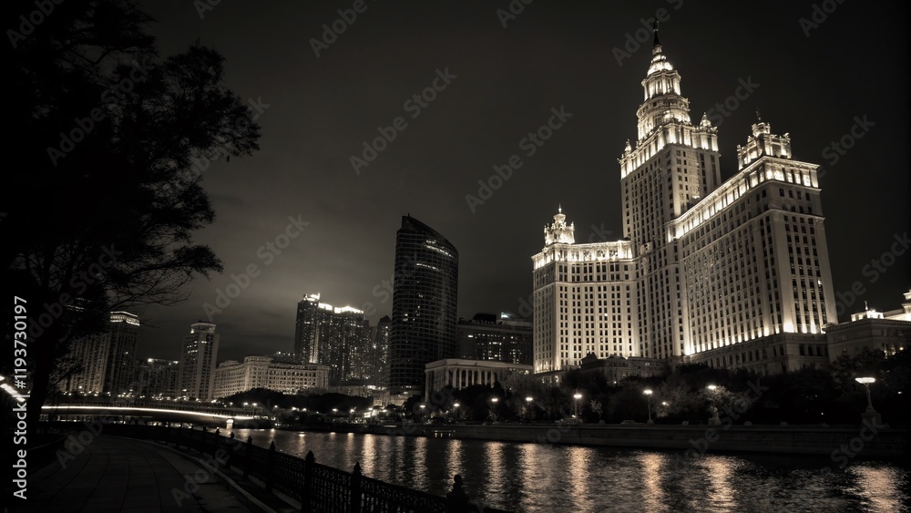 Fototapeta premium Silhouette of Luxury Hotel at Night - Dramatic Cityscape