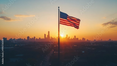 Fototapeta Naklejka Na Ścianę i Meble -  American flag waving against a golden sunset over a city skyline backdrop