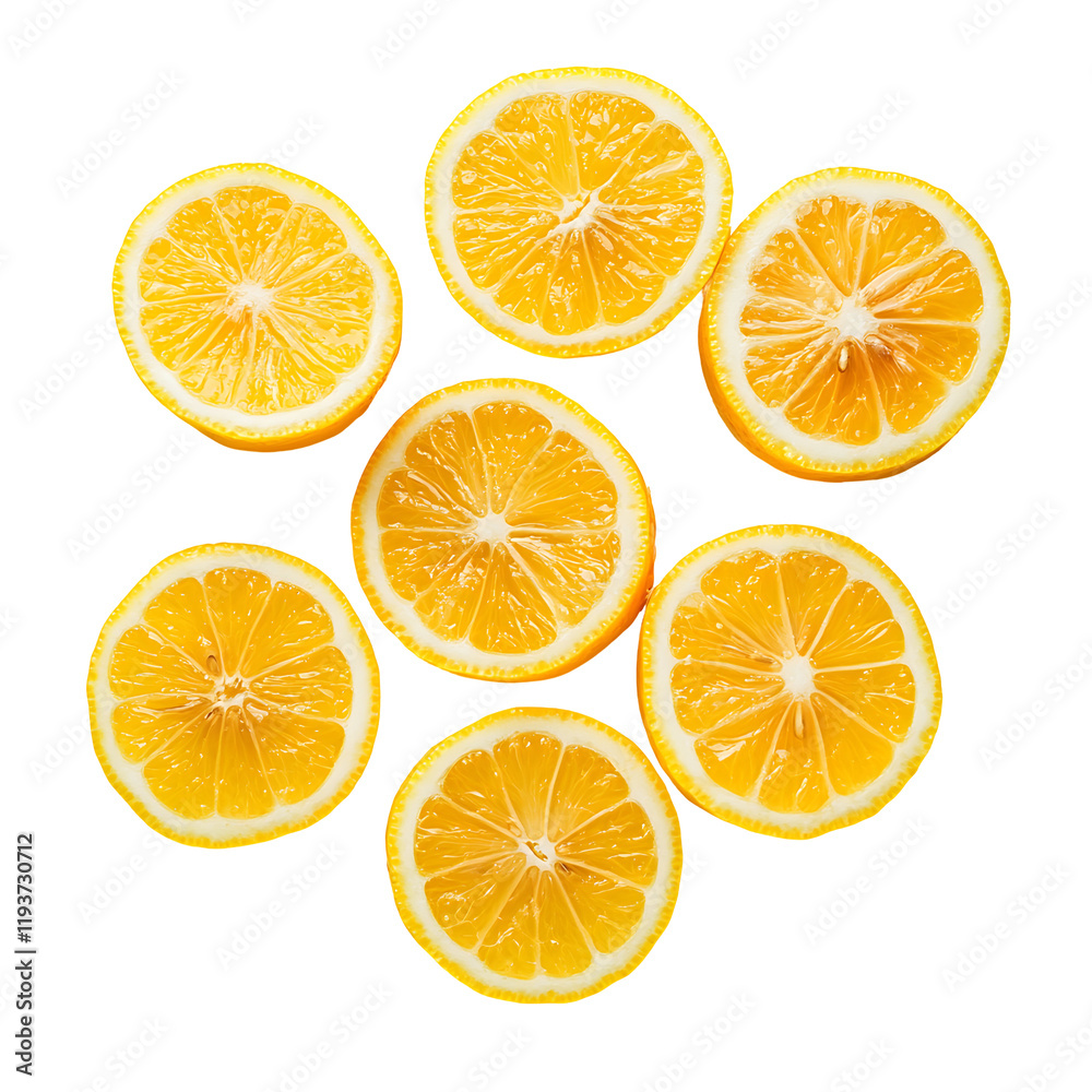 Collection of lemon slices arranged on white background, juicy citrus fruit segments, isolated. Collection of lemon slices arranged on white background, juicy citrus fruit segments, isolated.