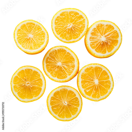 Collection of lemon slices arranged on white background, juicy citrus fruit segments, isolated.