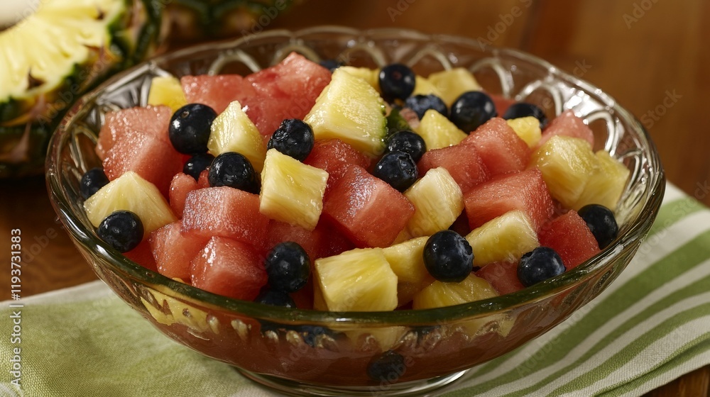 Refreshing fruit salad with watermelon, pineapple, and blueberries Refreshing fruit salad with watermelon, pineapple, and blueberries