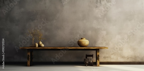 Minimalist interior with a wooden table and pottery accents