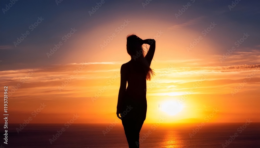 Fototapeta premium Woman silhouetted, caressing hair against vibrant orange sunset seascape