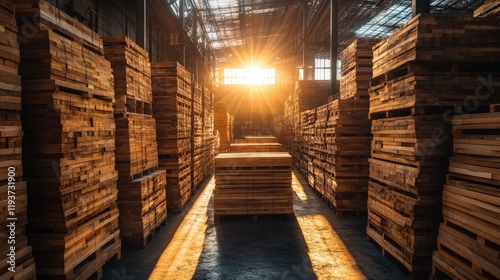 Wallpaper Mural Warm sunlight streaming through an industrial warehouse filled with neatly stacked wooden planks and timber creating a tranquil and rustic atmosphere Torontodigital.ca