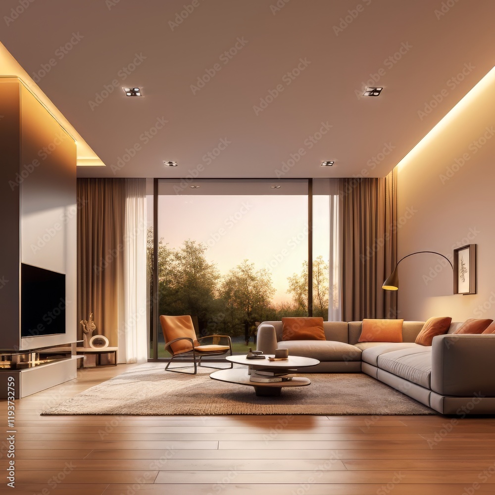 Fototapeta premium Modern living room with large windows and sunset view creating a cozy atmosphere