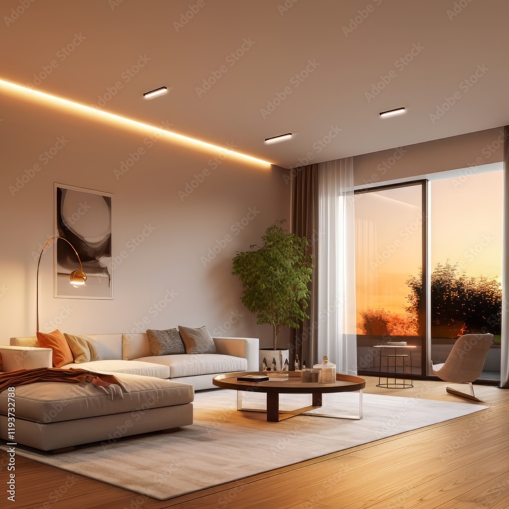 Fototapeta premium Modern living room with sunset view and elegant furnishings
