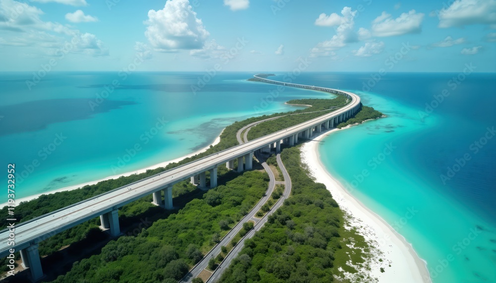 Fototapeta premium Aerial view of Seven Mile Bridge in Florida Keys. Bridge stretches across turquoise water. White sandy beach hugs coastline. Green vegetation borders shore. Sunny day. Tropical paradise. Vacation