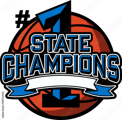 state champions team design with large number one and basketball for school, college or league sports