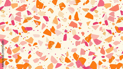 A festive confetti background with dynamic shapes in Tangerine, flamingo pink, and Champagne beige, scattered across a white canvas for a celebratory vibe photo