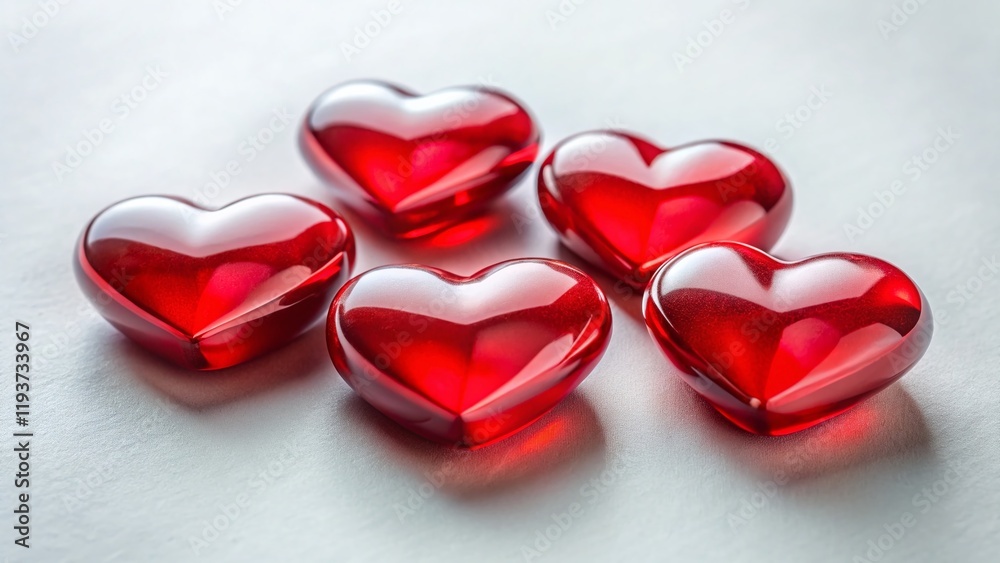 Six Red Glass Hearts on White Paper - Romantic Valentine's Day Stock Photo Six Red Glass Hearts on White Paper - Romantic Valentine's Day Stock Photo