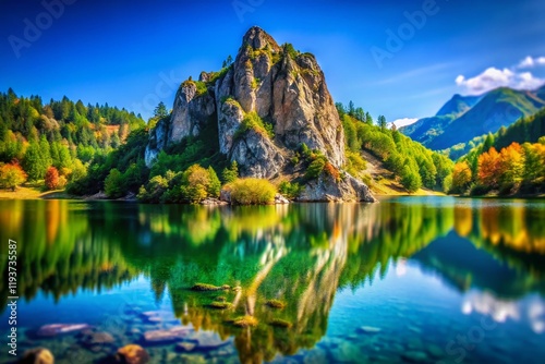 Snina Rock & Morske Oko Lake Reflection: Vihorlat Mountains, Slovakia - Tilt-Shift Photography photo