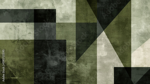 A minimalist geometric pattern with overlapping translucent shapes in Moss green, deep black, and neutral grey, offering a modern and versatile look
