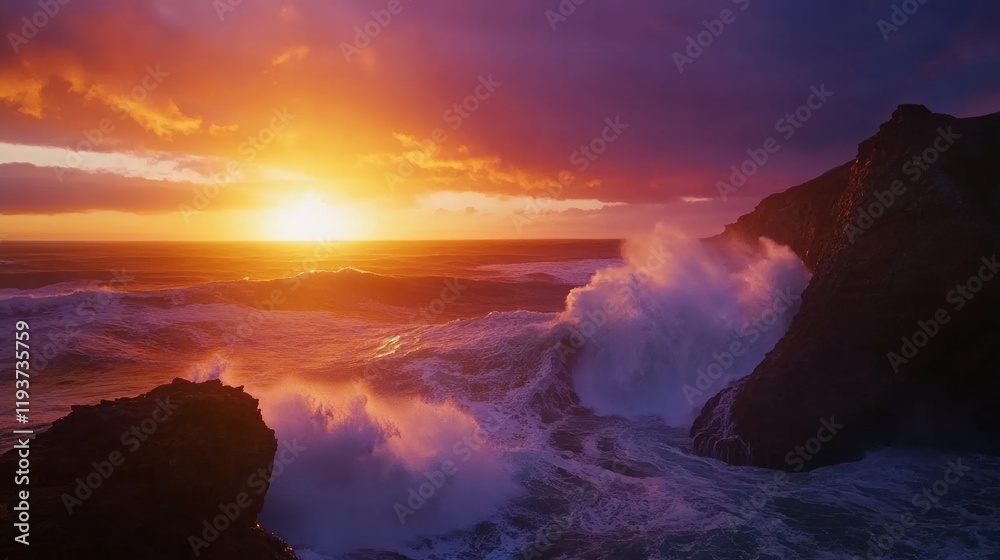 Fototapeta premium A dramatic sunset over a rugged coastal cliff with crashing waves, Coastal scene, Dramatic style