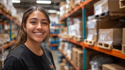 A vibrant and positive young warehouse worker, captured smiling amidst shelves and boxes in a well-organized and brightly-lit warehouse setting. photo