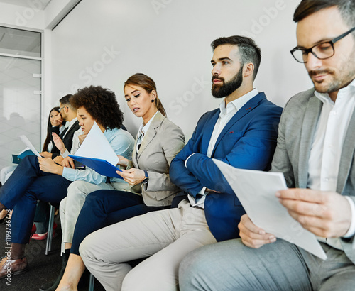 man business chair sitting waiting businessman candidate recruitment office businesswoman woman businessperson job young interview line employee career row hall colleague