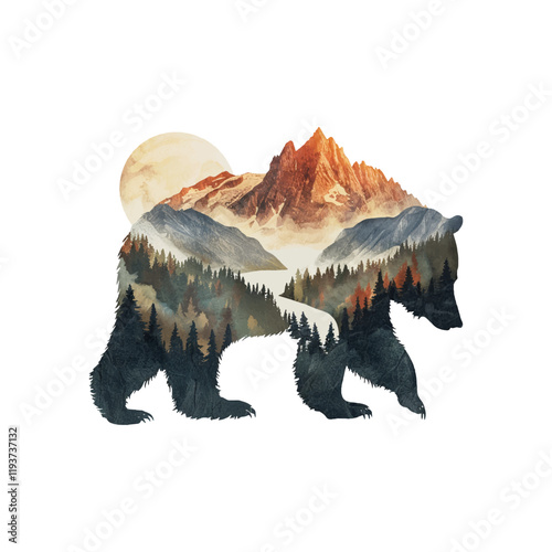 silhouette grizzly with mountain scene inside vector illustration in watercolor style