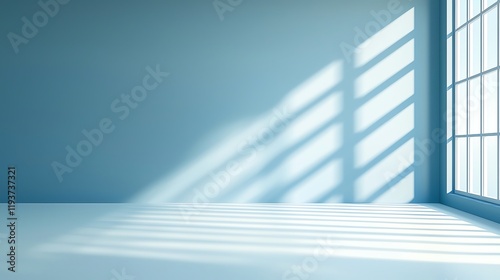 A bright and minimalistic interior with soft shadows cast by sunlight filtering through large windows  creating a calm atmosphere ideal for relaxation or productivity.