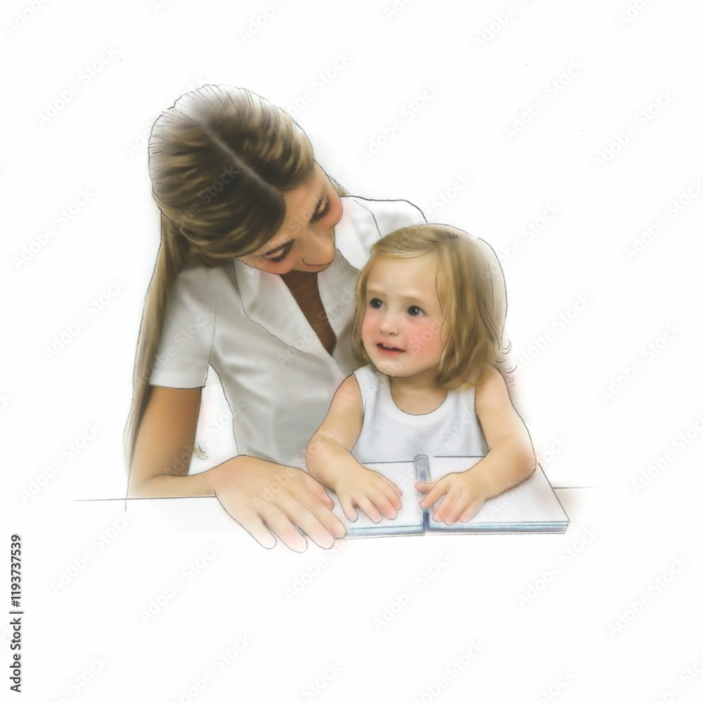 illustration of caucasian mother and daughter reading illustration of caucasian mother and daughter reading