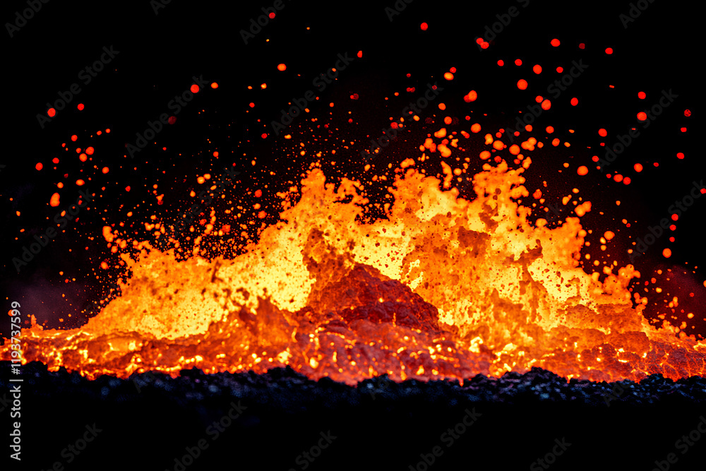 Molten lava erupts vigorously from the volcano, creating a mesmerizing display of fiery colors and intense heat at night Molten lava erupts vigorously from the volcano, creating a mesmerizing display of fiery colors and intense heat at night