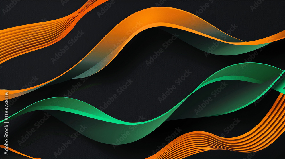 A sleek wave pattern in Mandarin orange and Moss green, flowing across a deep black backdrop for a professional and futuristic aesthetic A sleek wave pattern in Mandarin orange and Moss green, flowing across a deep black backdrop for a professional and futuristic aesthetic