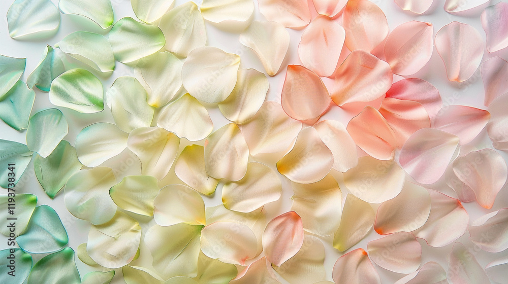 Fototapeta premium A spring-inspired floral background with blooming petals in pastel pink, Butter yellow, and Moss green, set against a soft white gradient for a cheerful and light design