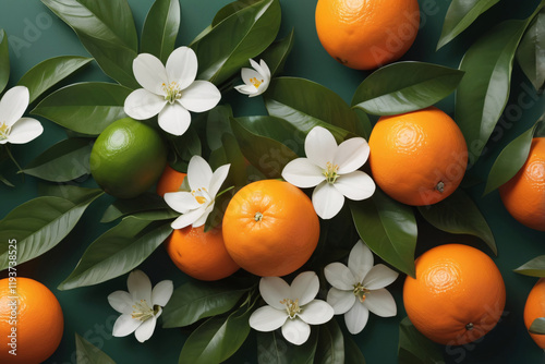 Fresh oranges with white blossoms and green leaves on a dark background. photo