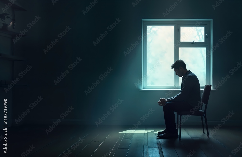 Man sits alone in dark room by window. Depressed expression. Psychological help needed. Feeling hopeless, lost. Need to talk. Empty room. Solitude. Retirement. Sad. Mental health issues. Man sits alone in dark room by window. Depressed expression. Psychological help needed. Feeling hopeless, lost. Need to talk. Empty room. Solitude. Retirement. Sad. Mental health issues.