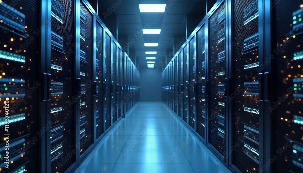 Secure data warehouse interior. Rows of dark server cabinets line pathway. Modern tech facility. Blue lighting highlights advanced tech. Automated systems. Futuristic tech. Digital encryption, Secure data warehouse interior. Rows of dark server cabinets line pathway. Modern tech facility. Blue lighting highlights advanced tech. Automated systems. Futuristic tech. Digital encryption,