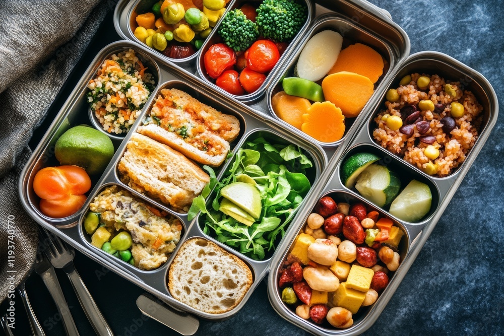 A balanced lunch box displays an array of healthy meals, featuring vibrant vegetables, grains, fruits, and proteins, ideal for a nutritious midday break