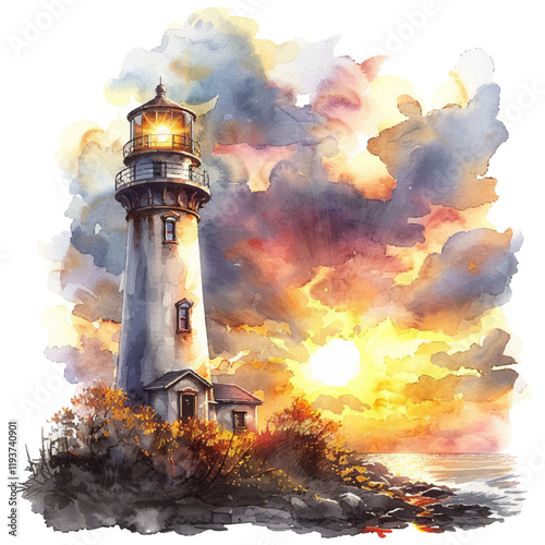 sunset behind a lighthouse vector illustration in watercolor style