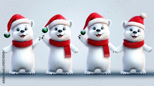 3d render of cute polar bears wearing red hats and scarves