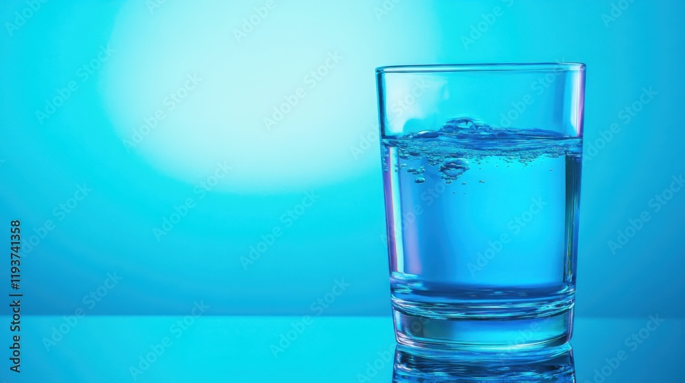 Clear glass filled with refreshing water splashing against a vibrant blue background, emphasizing hydration and freshness in an artistic composition Clear glass filled with refreshing water splashing against a vibrant blue background, emphasizing hydration and freshness in an artistic composition