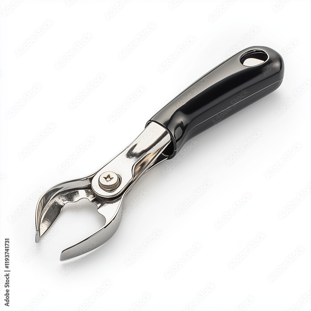 Stainless steel can opener with a sturdy black handle, combining durability and ease of use for kitchen essentials on a white background Stainless steel can opener with a sturdy black handle, combining durability and ease of use for kitchen essentials on a white background