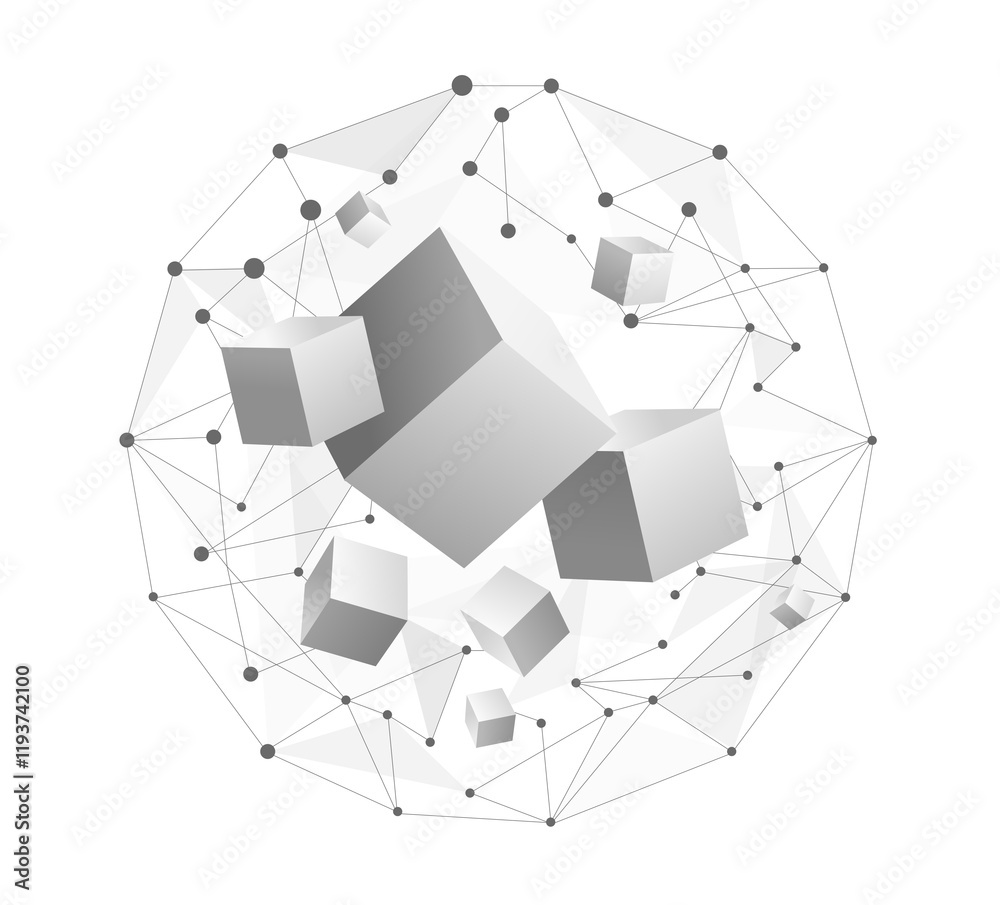 Problem framing discovery process abstract concept, Framing the problem using connected dots or global data and cubes that are floating inside a sphere