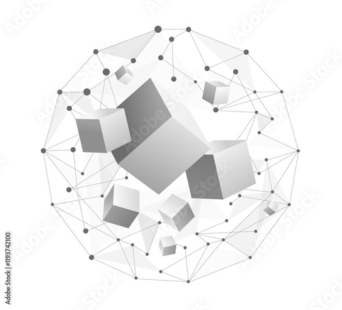 Problem framing discovery process abstract concept, Framing the problem using connected dots or global data and cubes that are floating inside a sphere
