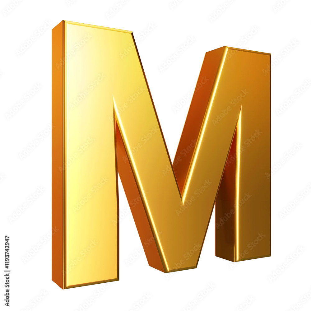 Golden font. Alphabet letter M isolated on a transparent background. 3d illustration. Golden font. Alphabet letter M isolated on a transparent background. 3d illustration.