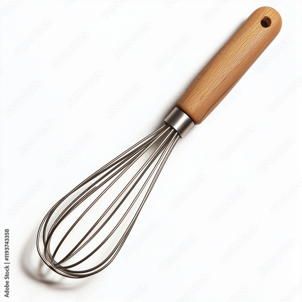 A rustic kitchen whisk with a natural wooden handle and stainless steel wires, combining traditional charm with modern functionality A rustic kitchen whisk with a natural wooden handle and stainless steel wires, combining traditional charm with modern functionality