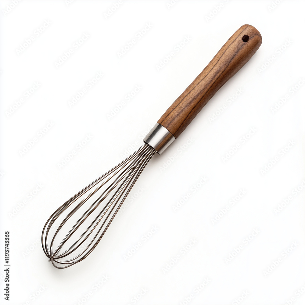 A sturdy stainless steel whisk with a natural wooden handle, offering durability and rustic elegance for everyday cooking A sturdy stainless steel whisk with a natural wooden handle, offering durability and rustic elegance for everyday cooking