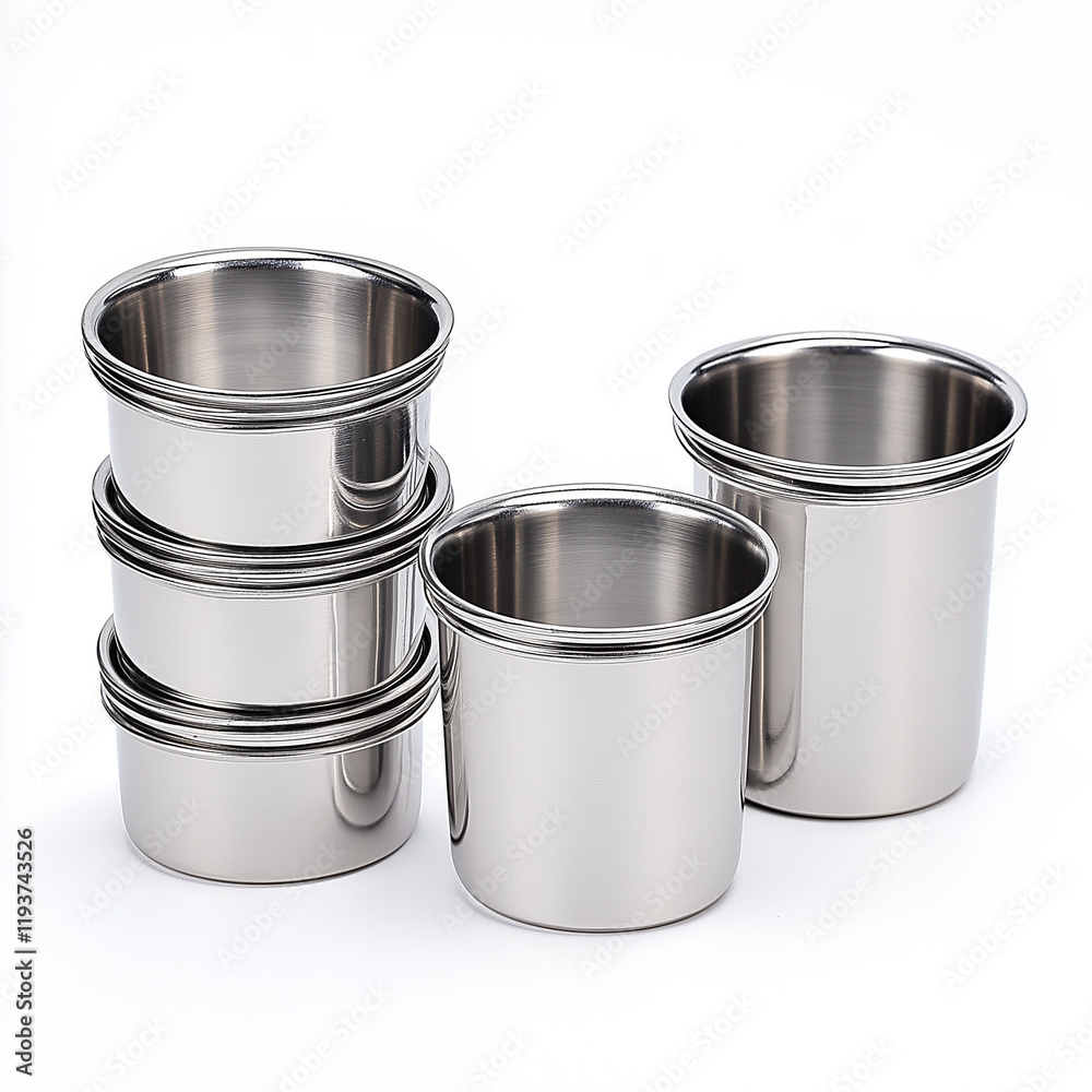 A durable set of stainless steel measuring cups with a stackable design, combining practicality and precision for kitchen tasks A durable set of stainless steel measuring cups with a stackable design, combining practicality and precision for kitchen tasks