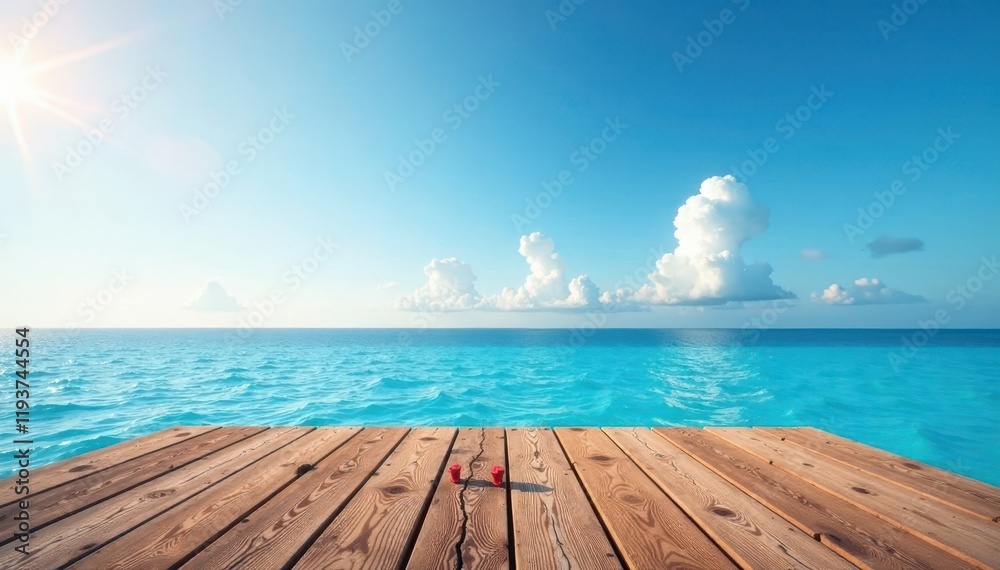 Fototapeta premium Elevated wooden platform overlooking serene blue ocean, vibrant sky , scenic, texture, seaside