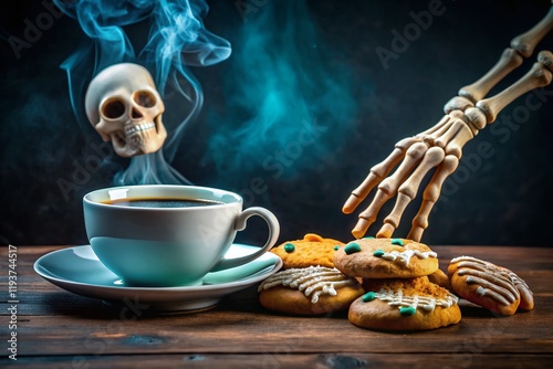 Spooky Halloween Coffee Break: Stop Motion Skeleton Hand Grabbing Coffee and Cookies photo