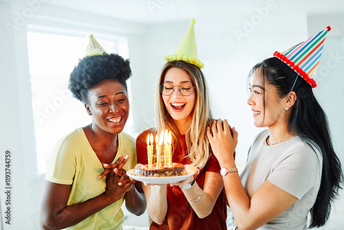 Canvas Print birthday celebration party cake happy candle blowing friendship fun friend woman
