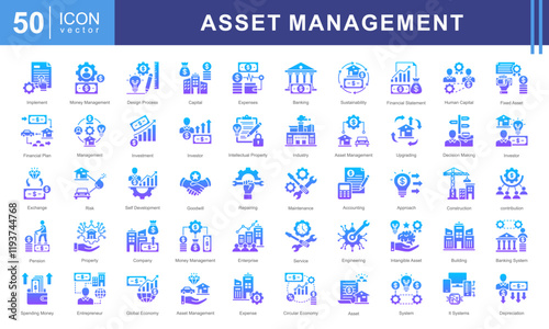 Asset Management icon collection set. Containing systematic, approach, human capital, physical objects, buildings, equipment, intangible icon.