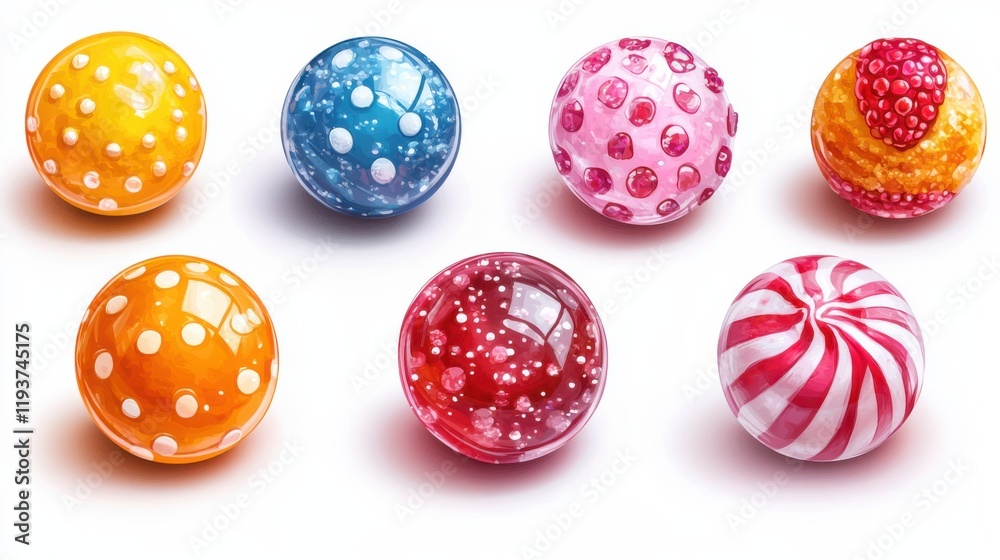 Fototapeta premium Colorful and Glossy Candy Balls in Various Bright Shades, Including Yellow, Blue, Pink, Red, and White, with Unique Patterns and Textures for Delightful Visual Appeal