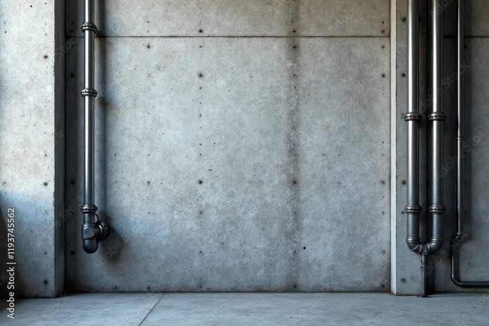 industrial grey concrete wall with metal pipes , urban, factory, machinery industrial grey concrete wall with metal pipes , urban, factory, machinery