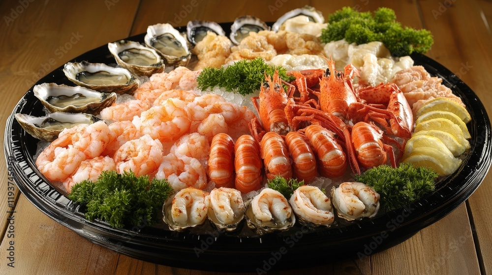 Seafood platter with shrimp, lobster, oysters, and lemon on ice Seafood platter with shrimp, lobster, oysters, and lemon on ice