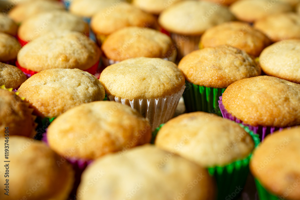 Rows and rows of mini banana muffins on a kitchen table Rows and rows of mini banana muffins on a kitchen table