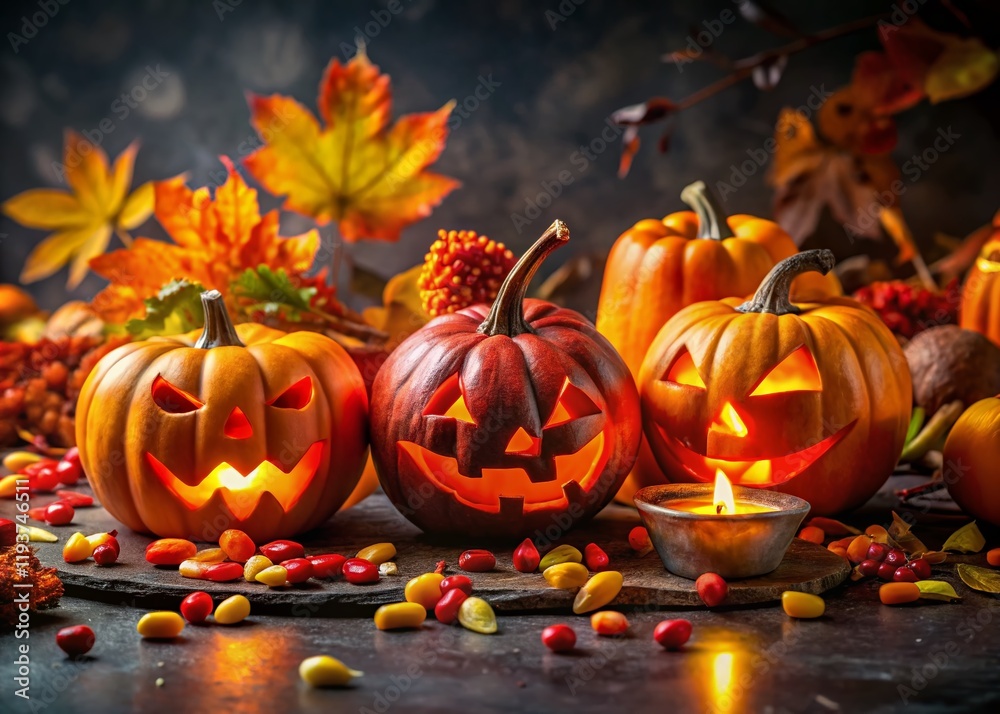 Fototapeta premium Spooky Halloween Still Life: Jack-o'-lanterns, Autumn Leaves & Candy Corn on Cracked Surface with Bokeh