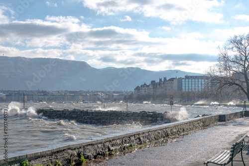 Grosse bise hivernale sur les quai de Genève